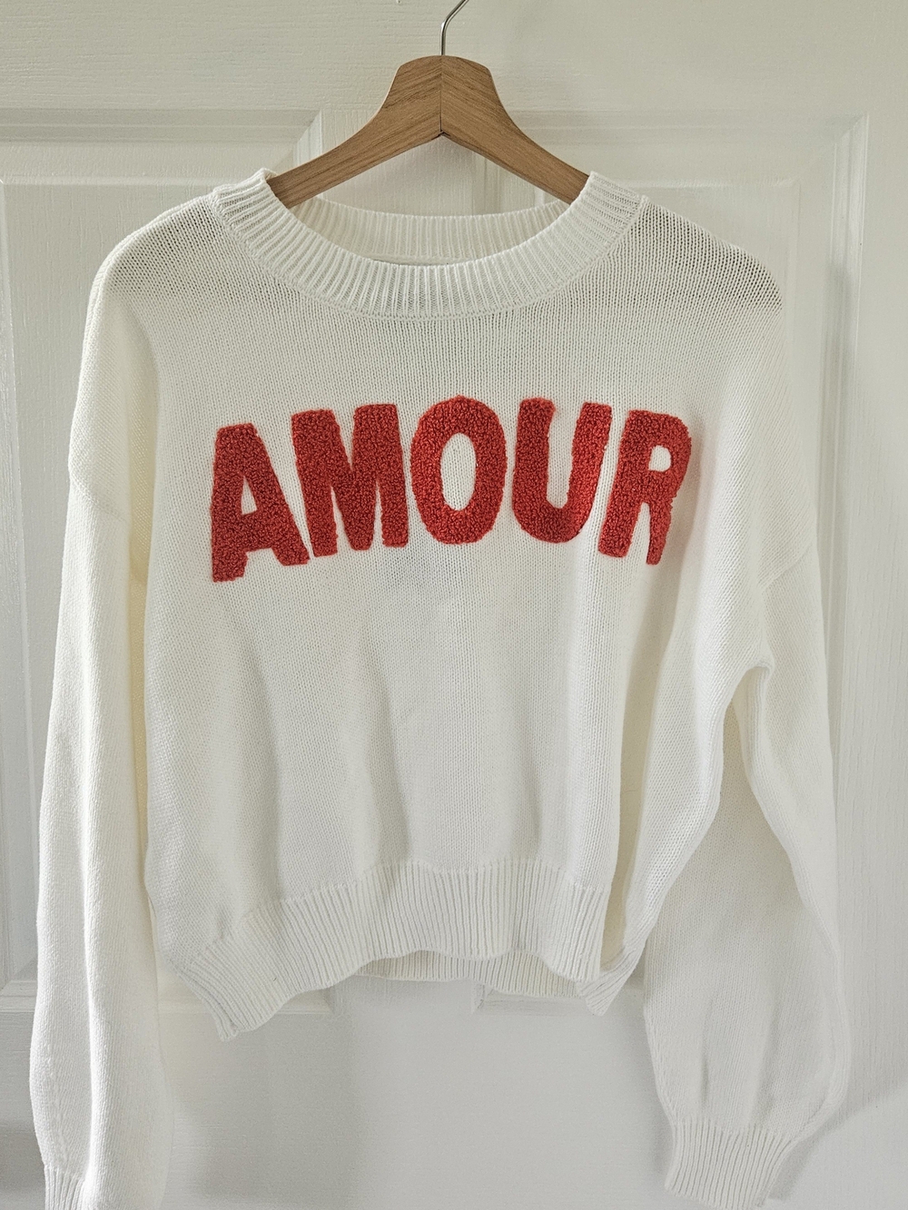 Sincerly Jules White Crewneck Sweater with Red AMOUR Chenille